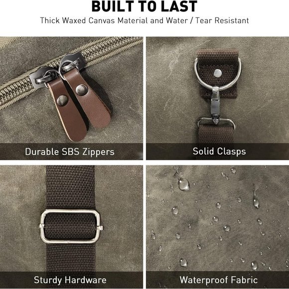 Duffle Bag for Travel, 50L Waterproof Waxed Canvas Genuine Leather Weekender - Picture 4 of 7